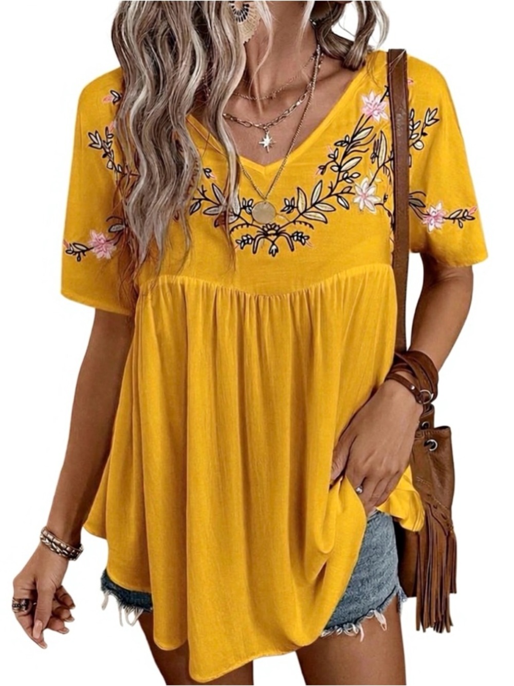 Emery Rose Floral Embroidered V-Neck Boho Peasant Blouse Womens Plus Size 1X
